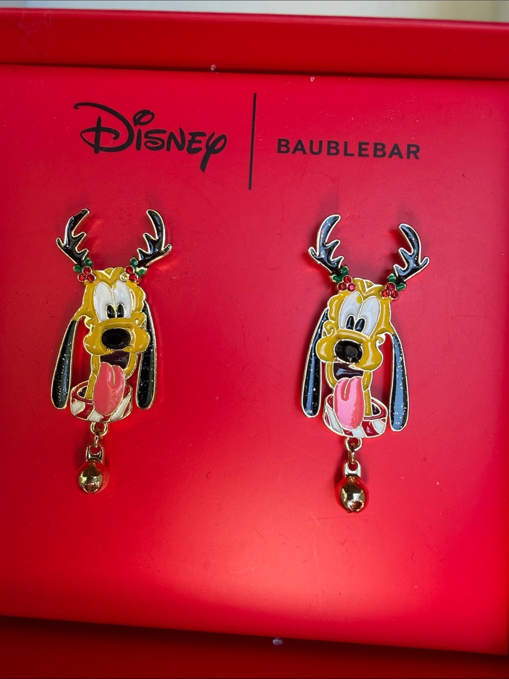 Disney BaubleBar Yellow Pluto Reindeer Dangle Earrings with Pink Tongues NIB